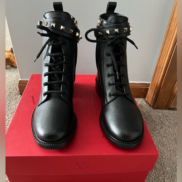 Valentino Garavani Black Studded Combat Boots - Picture 2 of 16